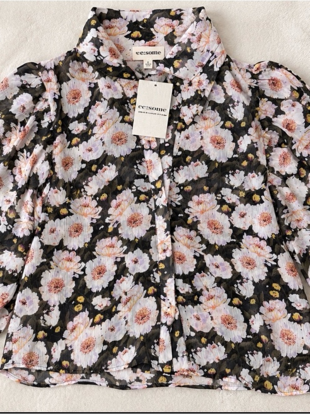 eesome Black Floral Puff-Sleeve Blouse with Pink and Cream Blooms